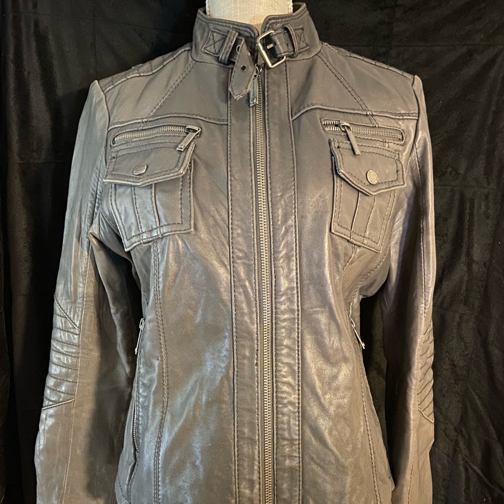 Michael Kors Grey Leather Moto Jacket Size Large